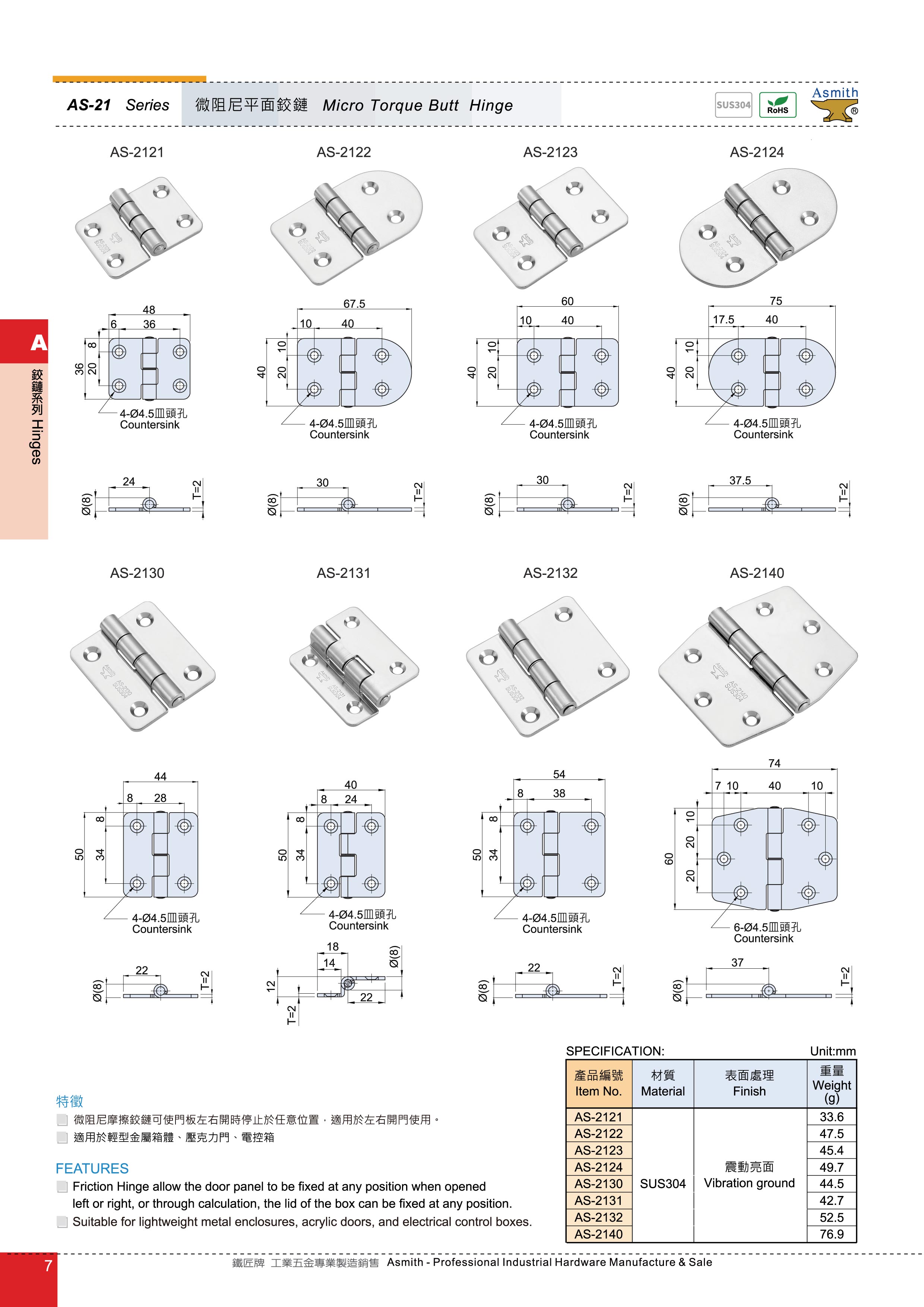 AS-21 系列 平面鉸鏈